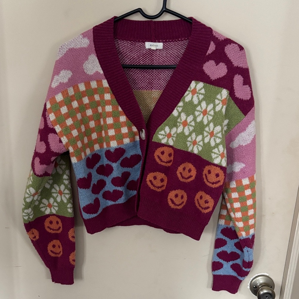 Debut Multicolor Patchwork Cardigan With Hearts A… - image 1